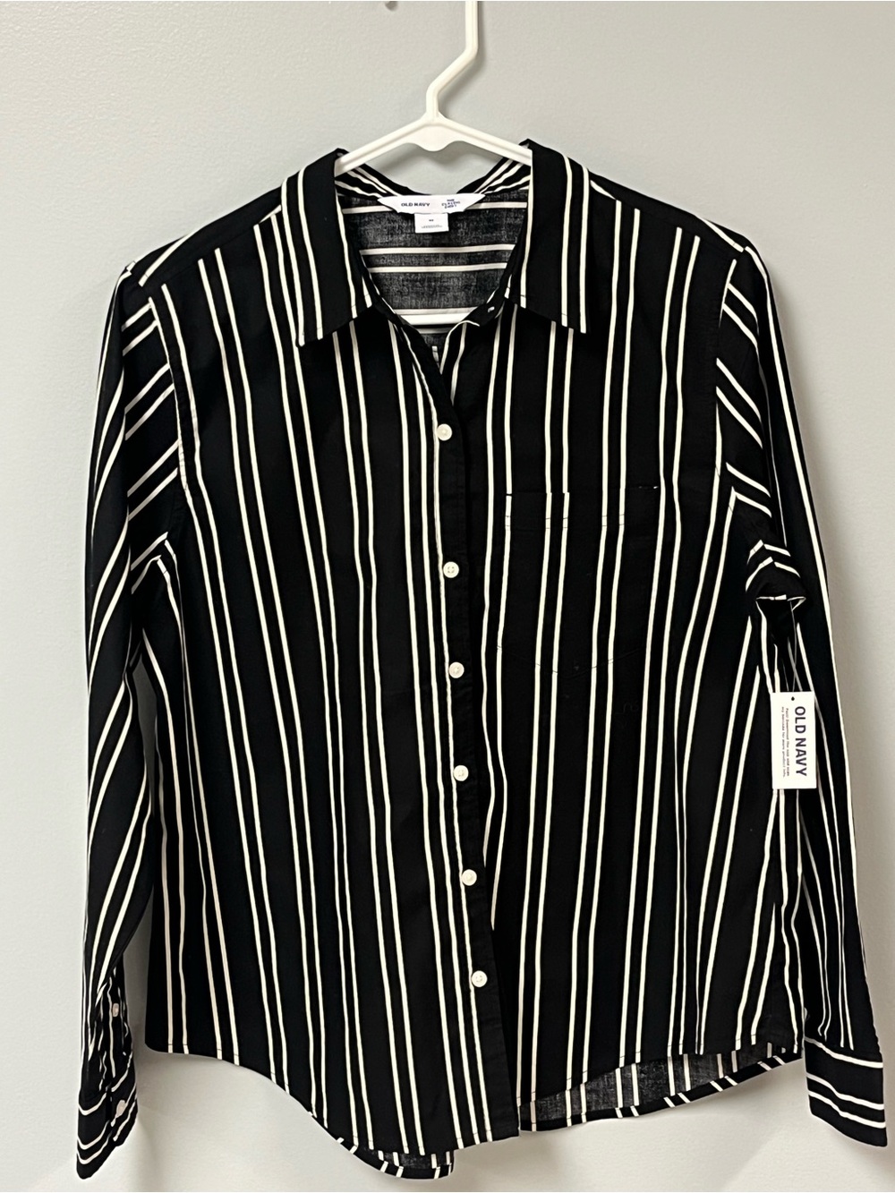 Old Navy Black Button-Down Shirt with White Vertical Stripes - Women’s